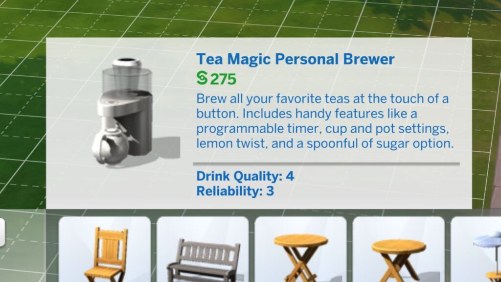 A screenshot from The Sims 4 showing the build mode catalog listing for the tea magic personal brewer