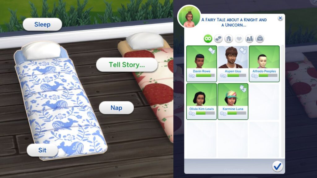 A screenshot from The Sims 4 showing the option to tell a story from a sleeping bag and choosing sims to tell the story to