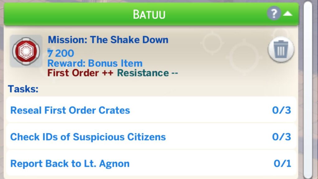 A screenshot from The Sims 4 showing the mision: the shake down for the first order 