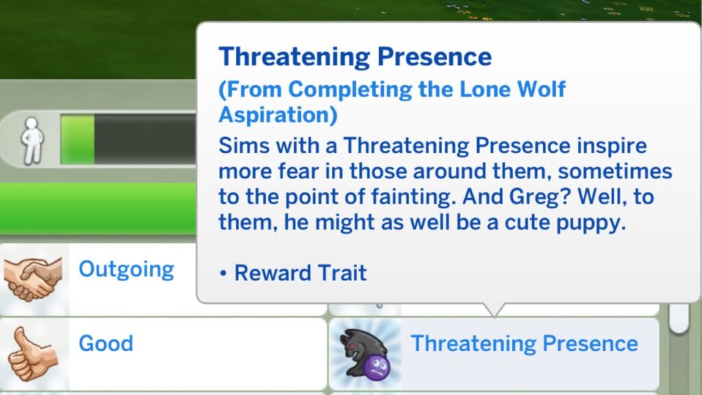 A screenshot from The Sims 4 showing the threatening presence reward trait from the lone wolf aspiration