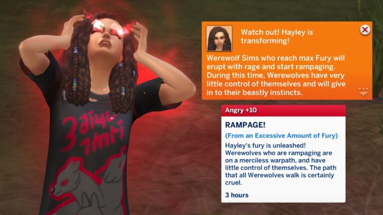 A screenshot from The Sims 4 showing a sim being turned into a werewolf