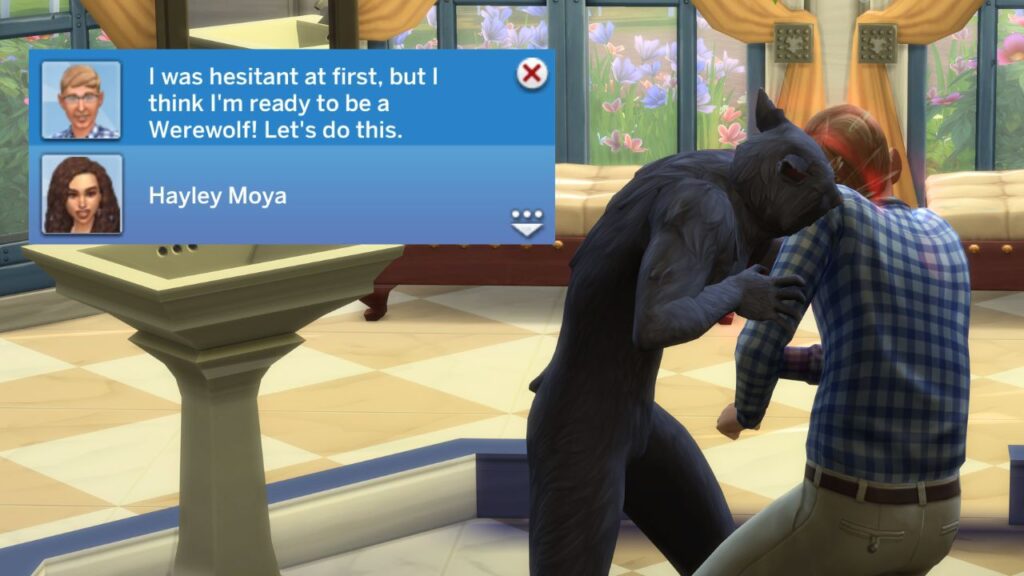 A screenshot from The Sims 4 showing the notification you get when asking a good friend to become a werewolf and your sim biting them
