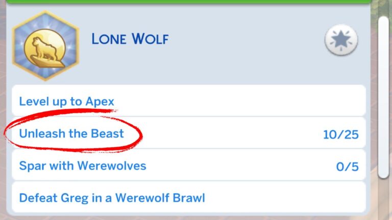 A screenshot from The Sims 4 showing the lone wolf aspiration with Unleash the Beast circled