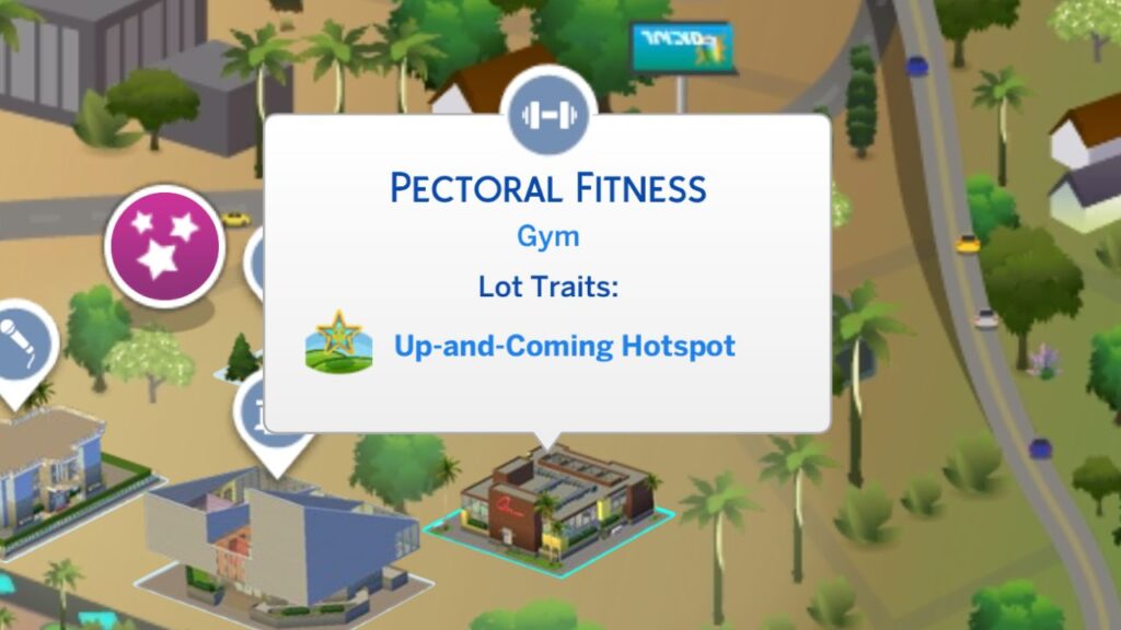 A screenshot from The Sims 4 showing an up-and-coming hotspot lot in Del Sol Valley 