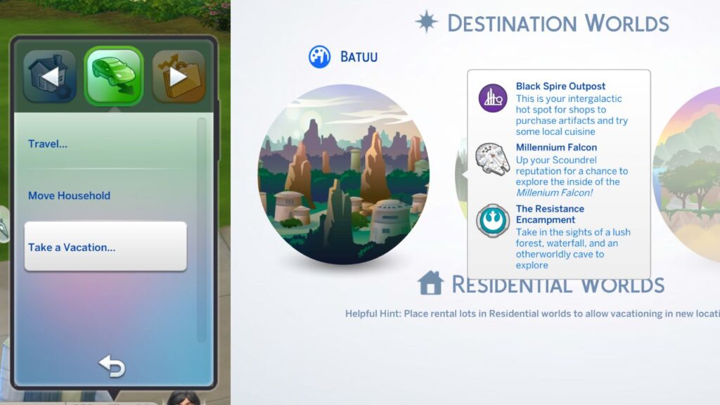 A screenshot from The Sims 4 showing how to travel to Batuu