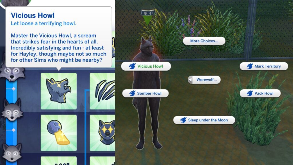A screenshot from The Sims 4 showing the vicious howl werewolf ability and the option in the werewolf menu