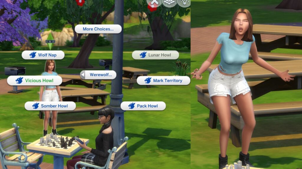 A screenshot from The Sims 4 showing the Vicious Howl social interaction as a werewolf and a sim doing the howl in a blue t-shirt and white shorts