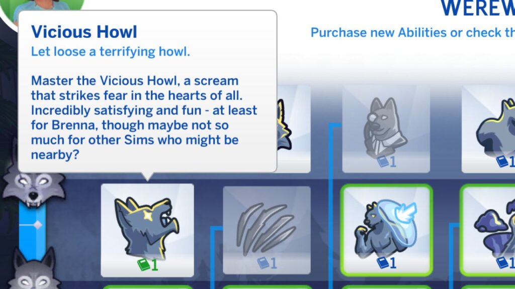 A screenshot from The Sims 4 showing the vicious howl werewolf ability