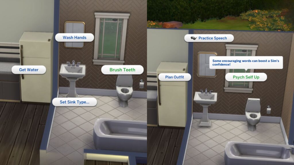 A screenshot from The Sims 4 showing two ways to get confident in the bathroom