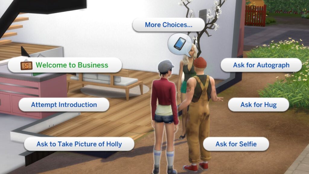 A screenshot from The Sims 4 showing the option to welcome sims to your business