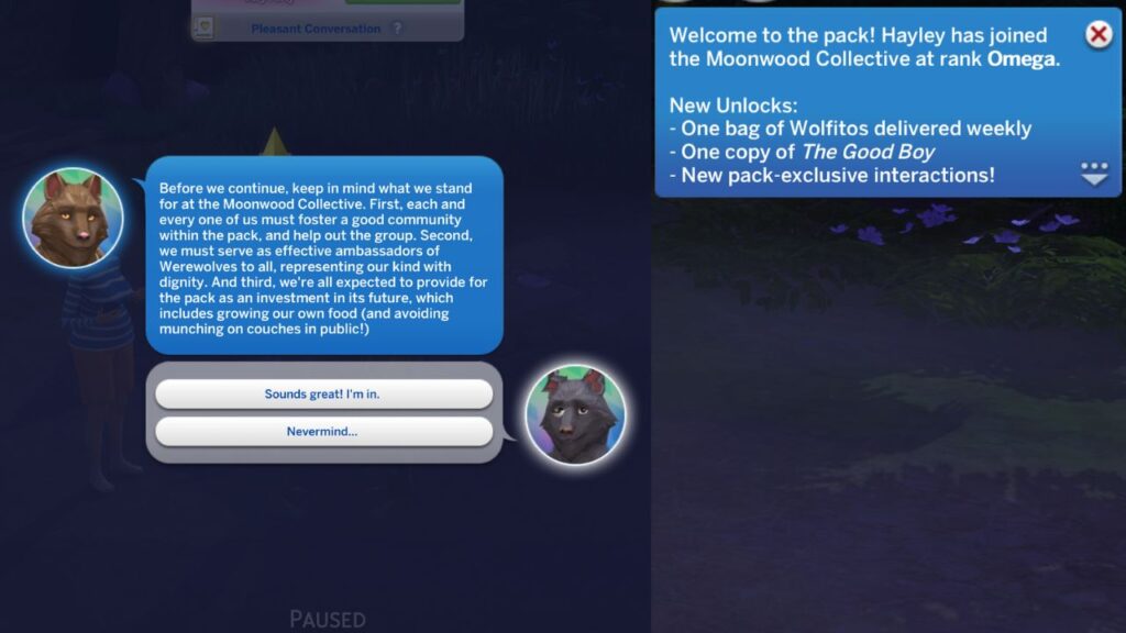 A screenshot from The Sims 4 showing the interactions when you get to join the moonwood collective