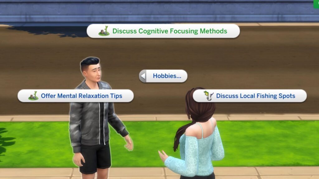 A screenshot from The Sims 4 showing some wellness skill social interactions in the hobbies menu