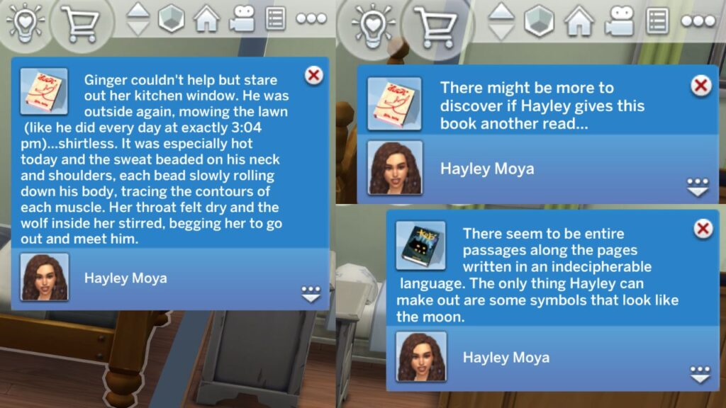 A screenshot from The Sims 4 showing notifications you get from reading werewolf books.