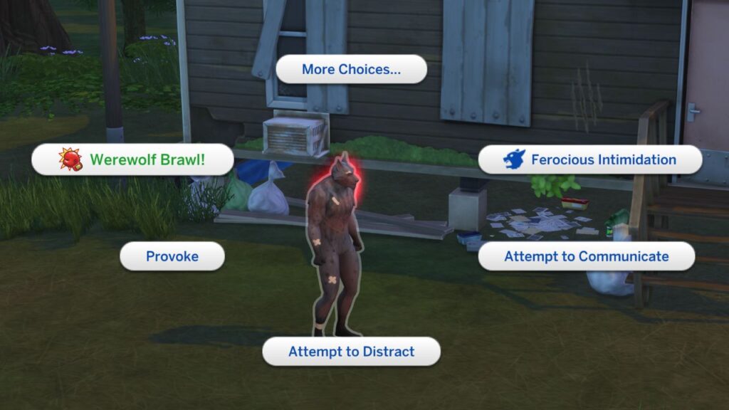 A screenshot from The Sims 4 showing the werewolf brawl option with Greg
