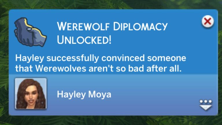 A screenshot from The Sims 4 showing the notification you get when you unlock werewolf diplomacy