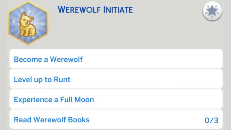 A screenshot from The Sims 4 showing the werewolf initiate aspiration tasks