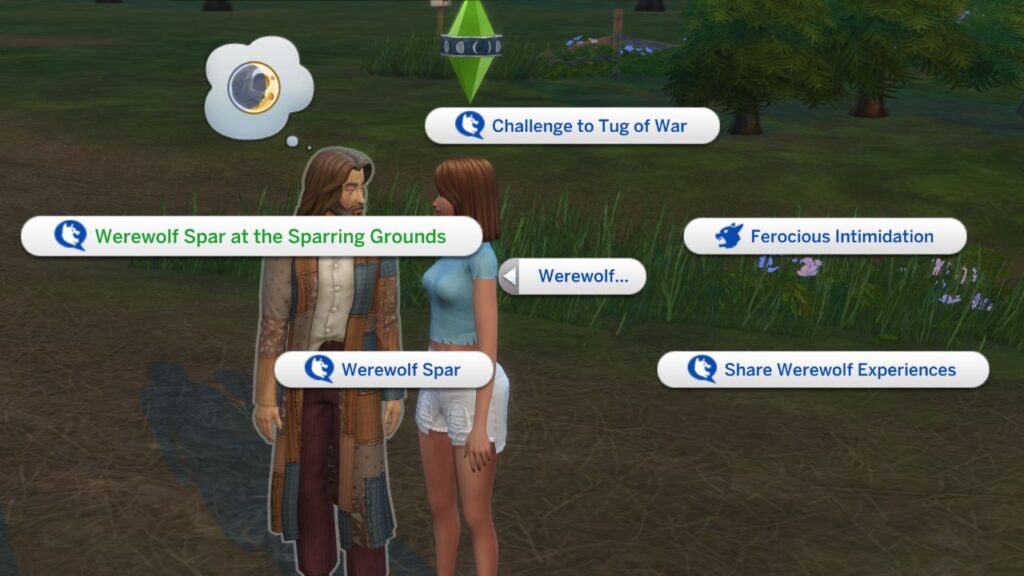 A screenshot from The Sims 4 showing two sims and the Werewolf Spar at the Sparring Grounds social interaction