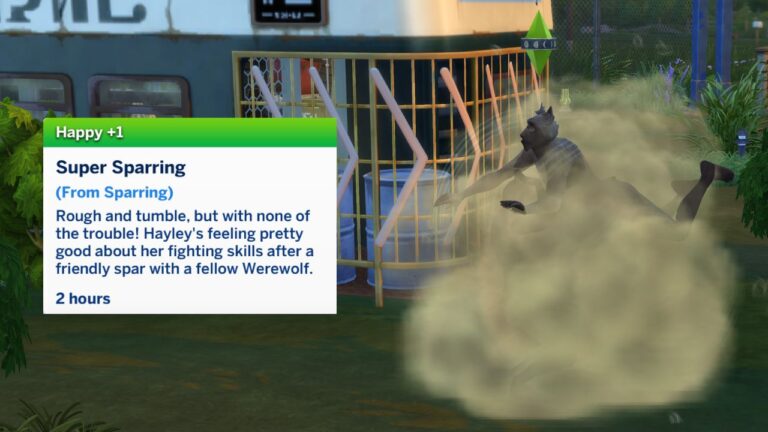 A screenshot from The Sims 4 showing a sim doing a werewolf spar
