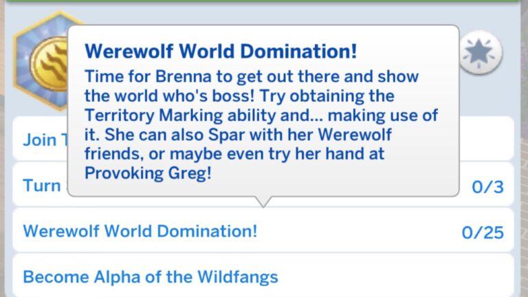 A screenshot from The Sims 4 showing the option for werewolf world domination
