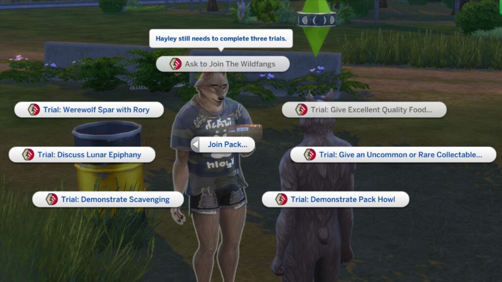 A screenshot from The Sims 4 showing the trial options to join the wildfangs