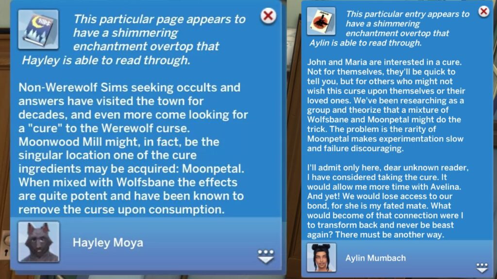 A screenshot from The Sims 4 showing the notifications you get when you read a book and get the wolf-b-gone recipe