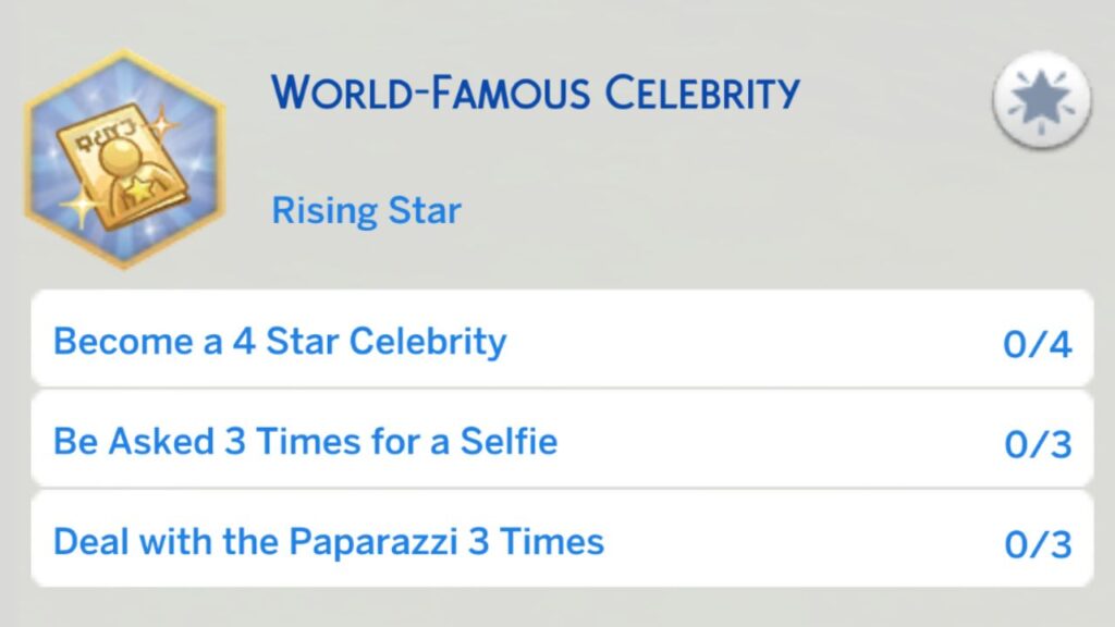 A screenshot from The Sims 4 showing the third stage of the world-famous celebrity aspiration 