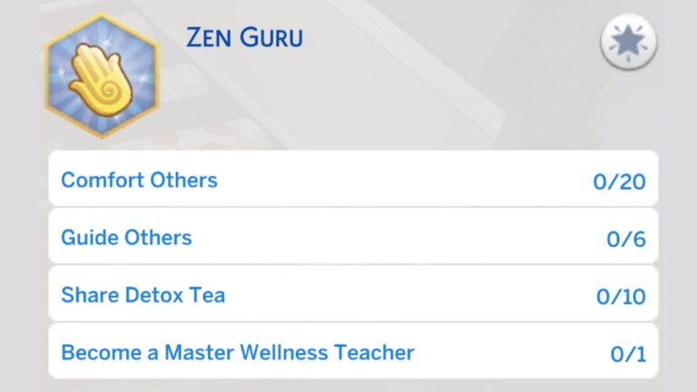 A screenshot from The Sims 4 showing the zen guru aspiration tasks