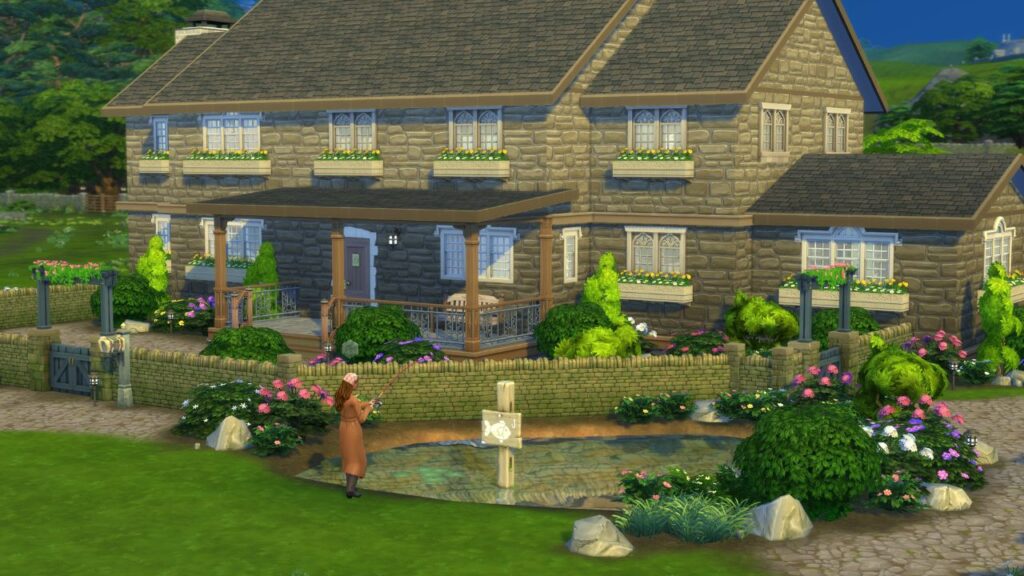 A screenshot from The Sims 4 showing a small pond outside of old mill lane