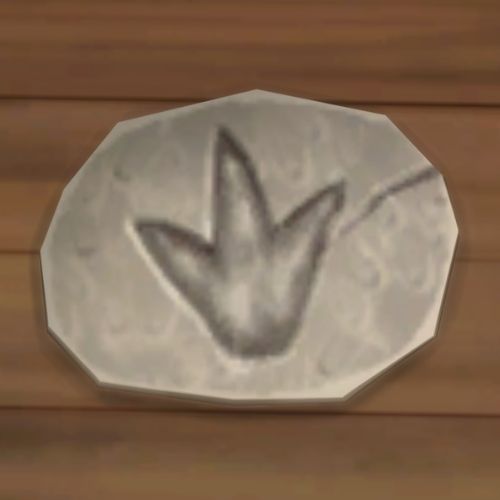 A screenshot from The Sims 4 showing a rock on the ground. On the rock is an image of a foot print