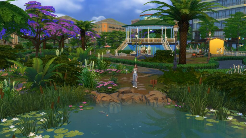 A screenshot from The Sims 4 showing a sim fishing at a fishing spot in front of a Gazebo