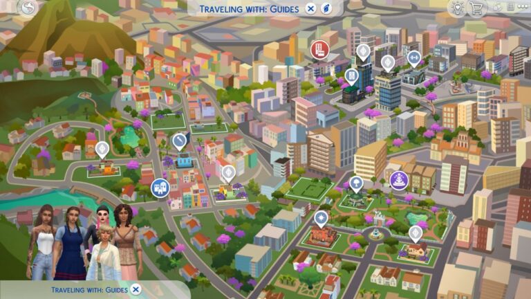 A screenshot from The Sims 4 showing the map of Ciudad Enamorada