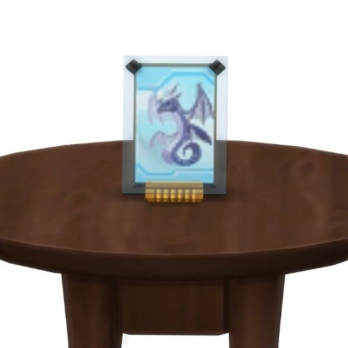 A screenshot from The Sims 4 showing a brown table with a Voidcritter on top. This has the voidcritter named dicoatl
