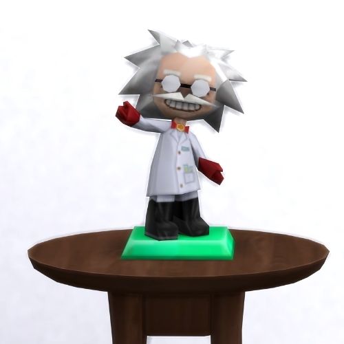 A screenshot from The Sims 4 with a small, circular brown table. On top is a MySims Trophy named Dr F