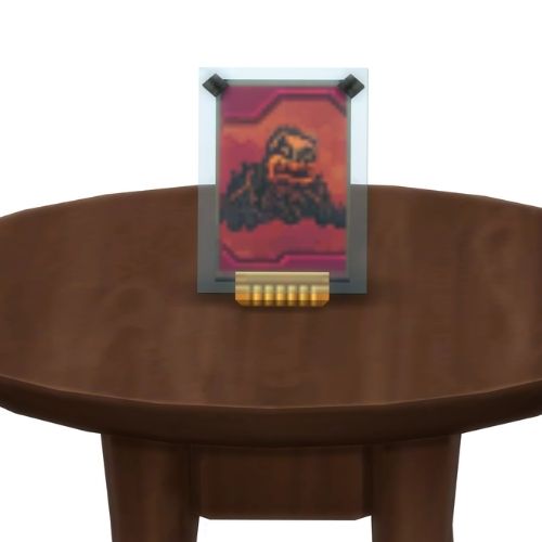 A screenshot from The Sims 4 showing a brown table with a Voidcritter on top. This has the voidcritter named fissure