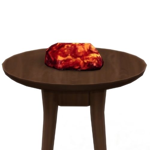 A screenshot from The Sims 4 showing a brown wooden table with furium on top