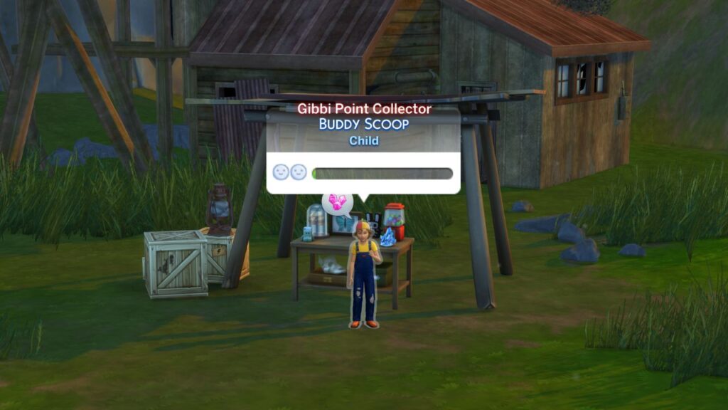 A screenshot from The Sims 4 showing the Gibbi point Collector, Buddy Scoop, hanging out by the mine shaft 