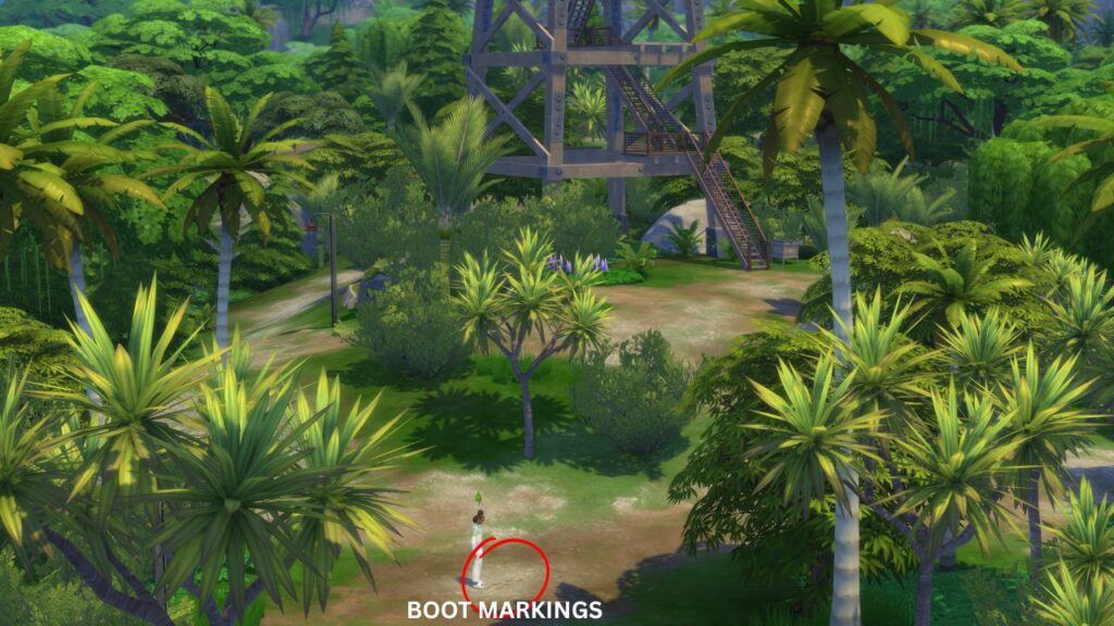 A screenshot from The Sims 4 showing  where to find the lost adventurer boot markings 