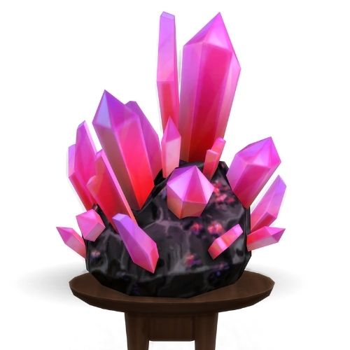 A screenshot from The Sims 4 showing a large space rock sitting on a brown table