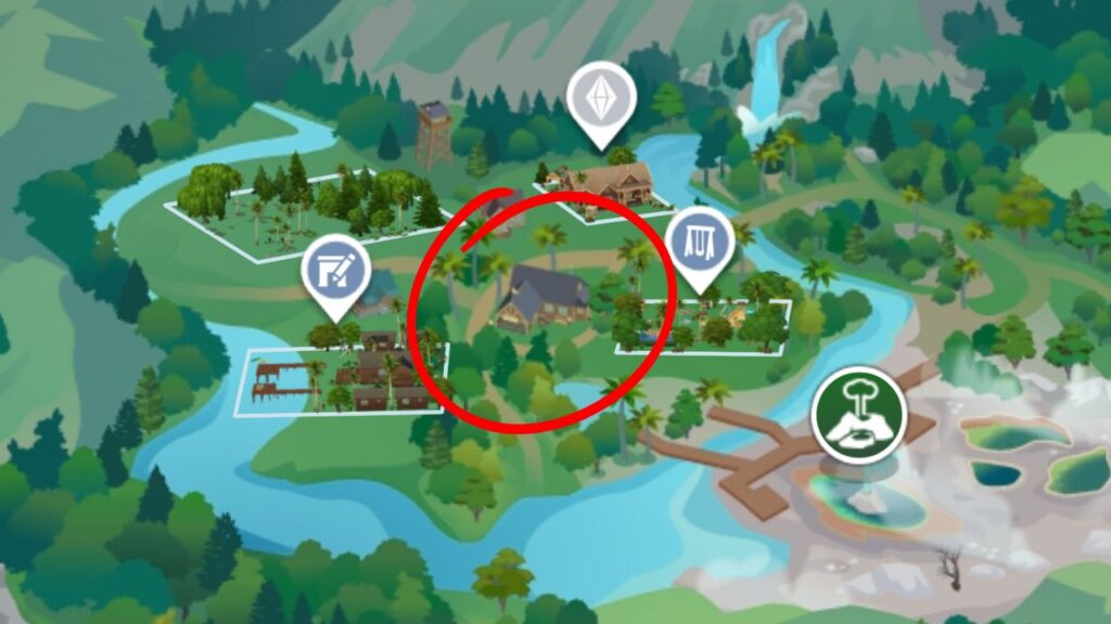 A screenshot from The Sims 4 showing the location of the Ranger's Station in Wanderwood Wilds