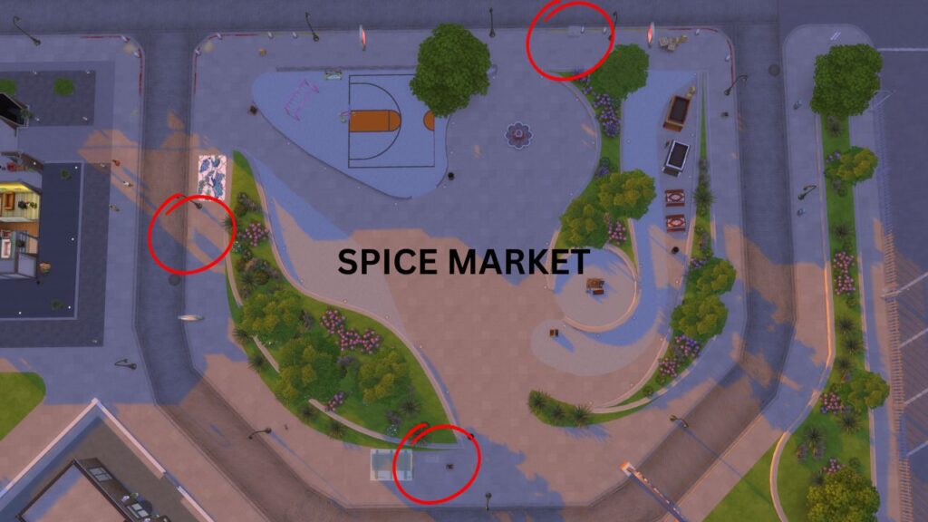 A screenshot from The Sims 4 showing where you can find electric boxes in the spice market