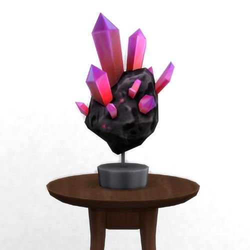 A screenshot from The Sims 4 showing a medium sized space rock sitting on a brown table