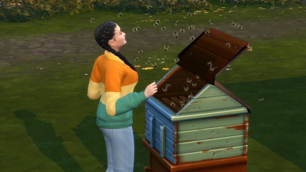 A screenshot from The Sims 4 showing a sim interacting with bees from a bee box 