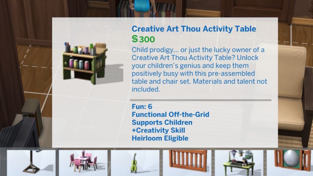 A screenshot from The Sims 4 showing the build mode catalog item for the creative art thou activity table