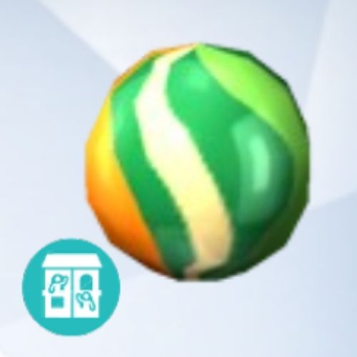 A screenshot from The Sims 4 showing a grey background with an enlarged image of a marble with a green, yellow and orange design 
