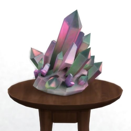 A screenshot from The Sims 4 showing a brown circular table with a crystal on top. This image has a crystal called alexandrite