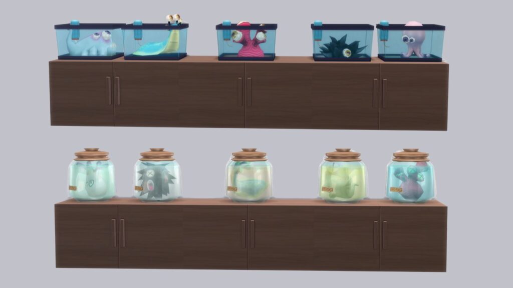 A screenshot from The Sims 4 showing two rows of cabinets, on top of them is the entire alien collection