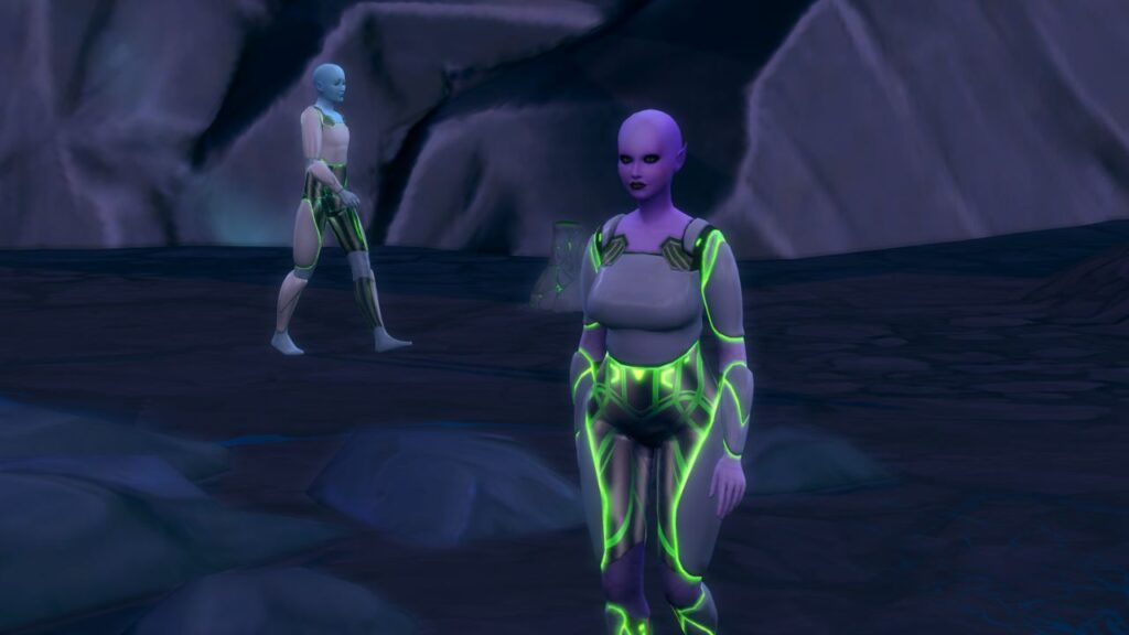 A screenshot from The Sims 4 showing two aliens walking around Planet Sixam