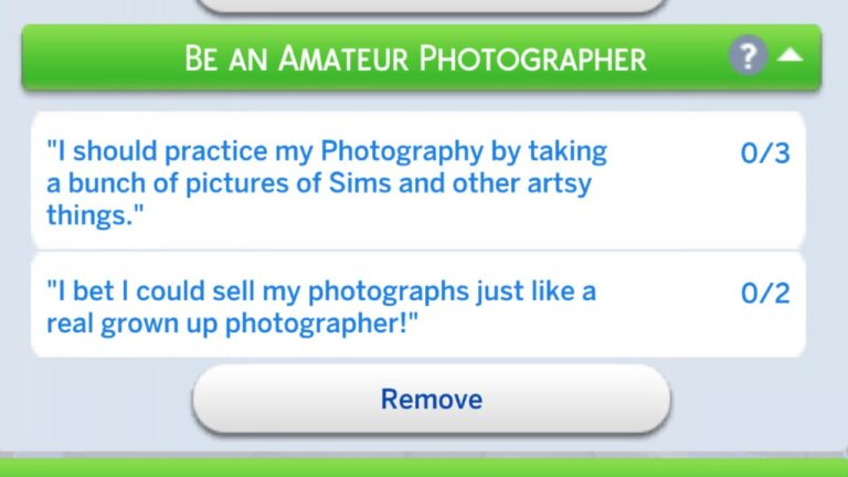 A screenshot from The Sims 4 showing the tasks for the be an amateur photographer formative moment