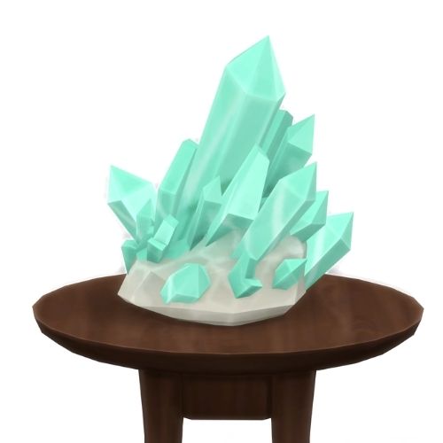 A screenshot from The Sims 4 showing a brown circular table with a crystal on top. This image has a crystal called amazonite