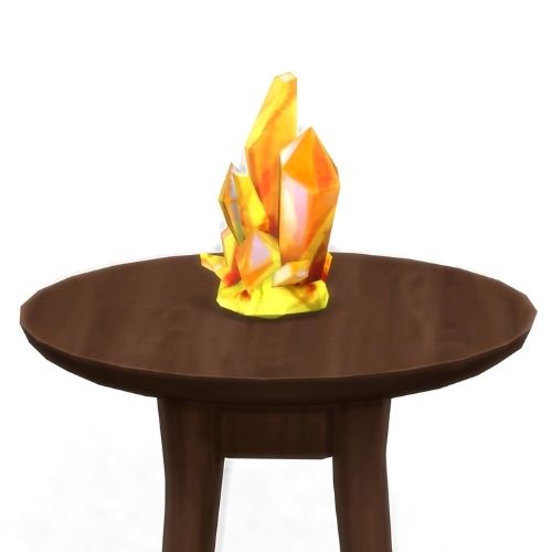 A screenshot from The Sims 4 showing a brown circular table with a crystal on top. This image has a crystal called amber
